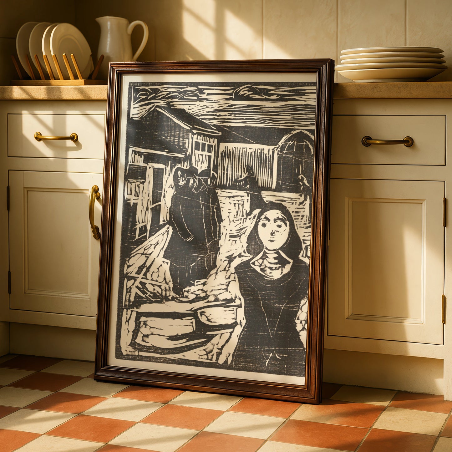 Halloween Woodcut Art Print, Dark Gothic Village Scene, Black White Spooky Wall Art Poster
