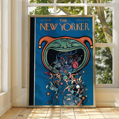 The New Yorker January 1926 Cover Poster, Vintage Jester Carnival Art Print, Blue Wall Art