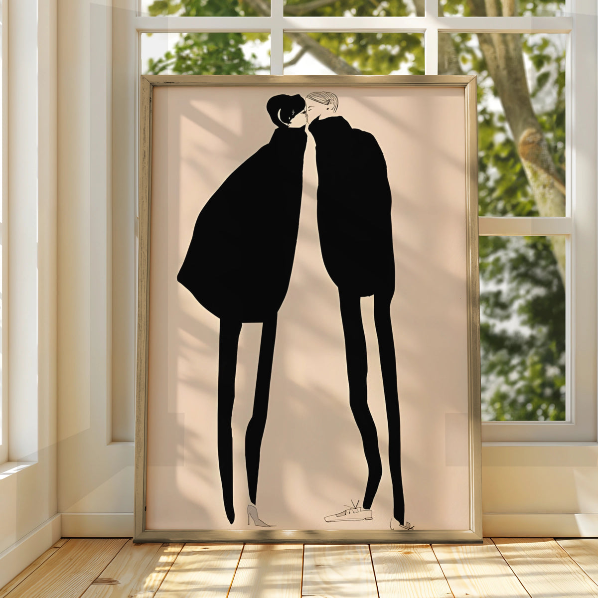 Kissing Couple Silhouette Print, Monochrome Wall Art, Minimalist Romantic Poster, Modern Neutral