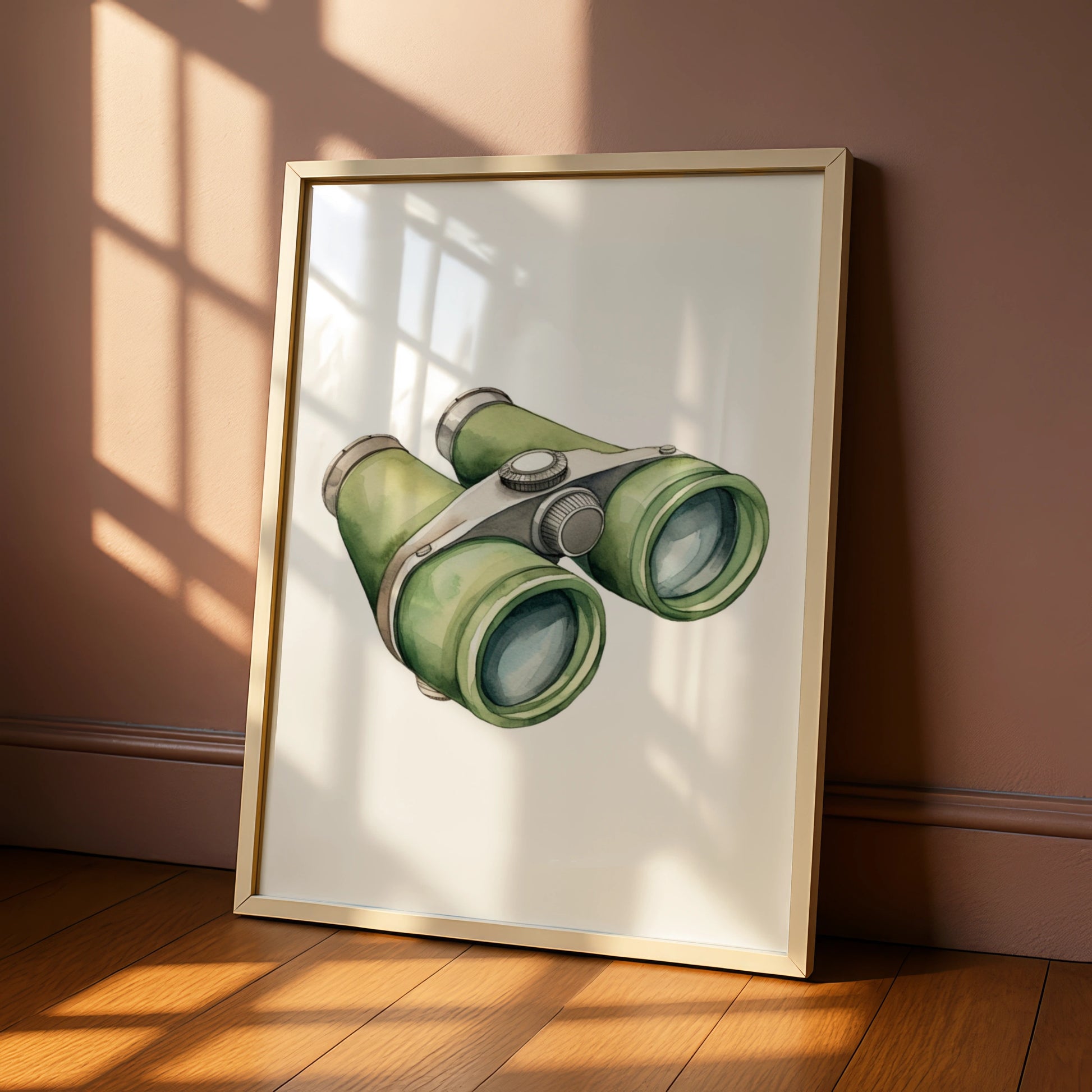 Binoculars Nursery Wall Art, Watercolour Adventure Print, Green Kids Room Poster