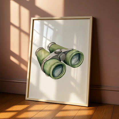 Binoculars Nursery Wall Art, Watercolour Adventure Print, Green Kids Room Poster