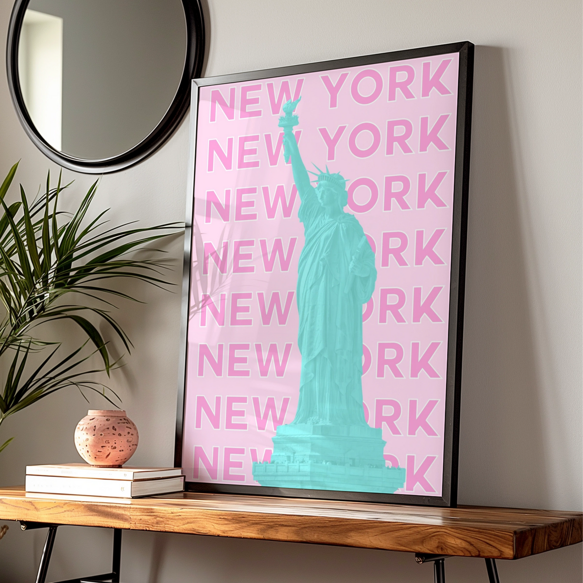 New York Travel Poster, Statue of Liberty Wall Art, Retro NYC Print, Pink Pop Art