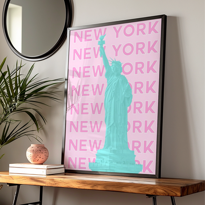New York Travel Poster, Statue of Liberty Wall Art, Retro NYC Print, Pink Pop Art