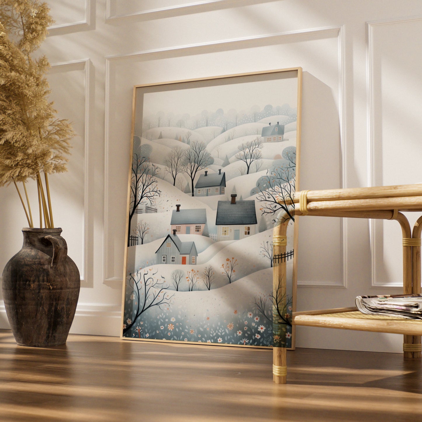 Christmas Winter Village Poster, Snowy Scandinavian Landscape, Festive Wall Art Print