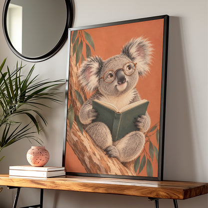 Koala Reading Book Print, Australian Wildlife Wall Art, Cute Animal Poster, Kids Room Decor — Digital Download