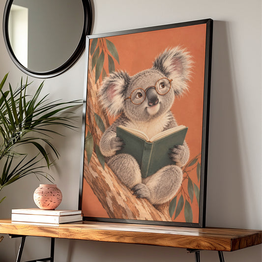 Koala Reading Book Print, Australian Wildlife Wall Art, Cute Animal Poster, Kids Room Decor — Digital Download