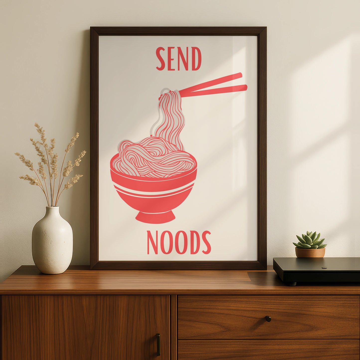 Send Noods Ramen Poster, Funny Noodle Bowl Wall Art, Bold Red Kitchen Print
