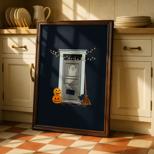 Halloween Ghost Door Poster, Spooky Black Cat Pumpkin Wall Art, Witch Broom Print