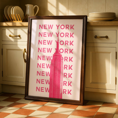 New York City Travel Poster, Pink Empire State Building Wall Art, NYC Print