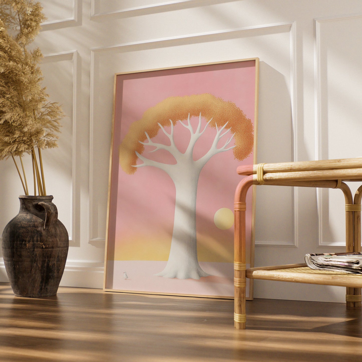 Nursery Wall Art Pink Tree Print, Boho Baby Room Poster, Pastel Sunset Children's Decor