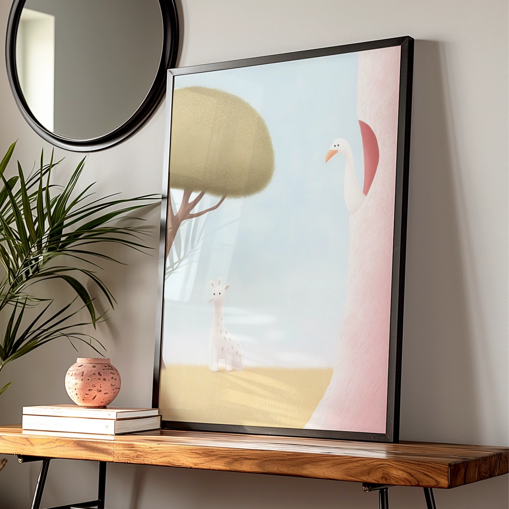 Nursery Wall Art Giraffe Swan Print, Baby Animal Poster, Pastel Kids Room Decor