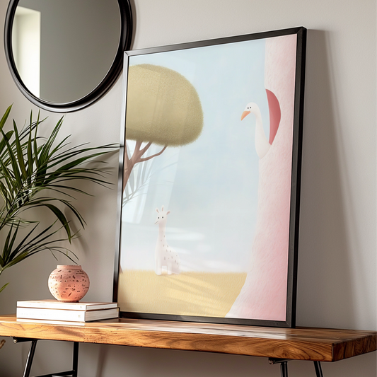 Nursery Wall Art Giraffe Swan Print, Baby Animal Poster, Pastel Kids Room Decor
