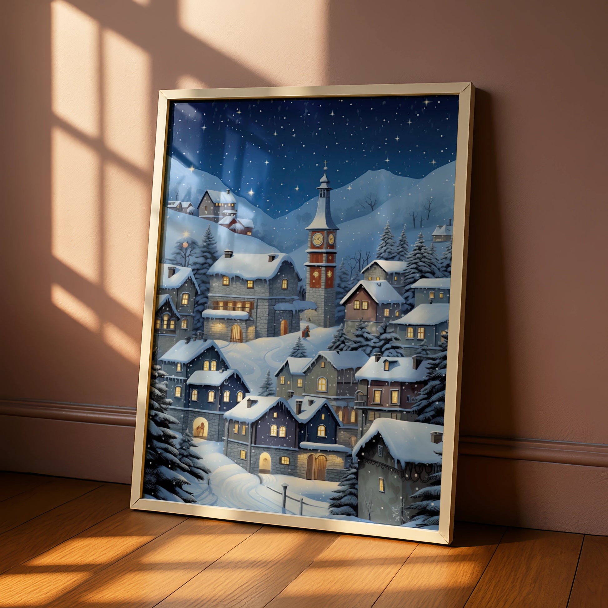 Christmas Village Poster, Snowy Winter Night Wall Art, Clock Tower Scene, Festive Holiday Print
