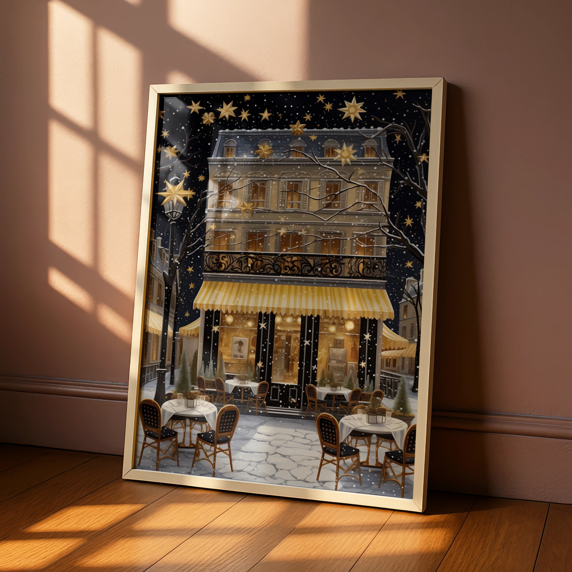 Christmas Paris Cafe Poster, Festive Winter Street Art Print, Gold Stars Snow