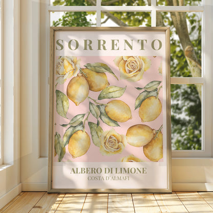 Sorrento Lemon Poster, Maximalist Italian Wall Art, Amalfi Coast Pink Floral Print