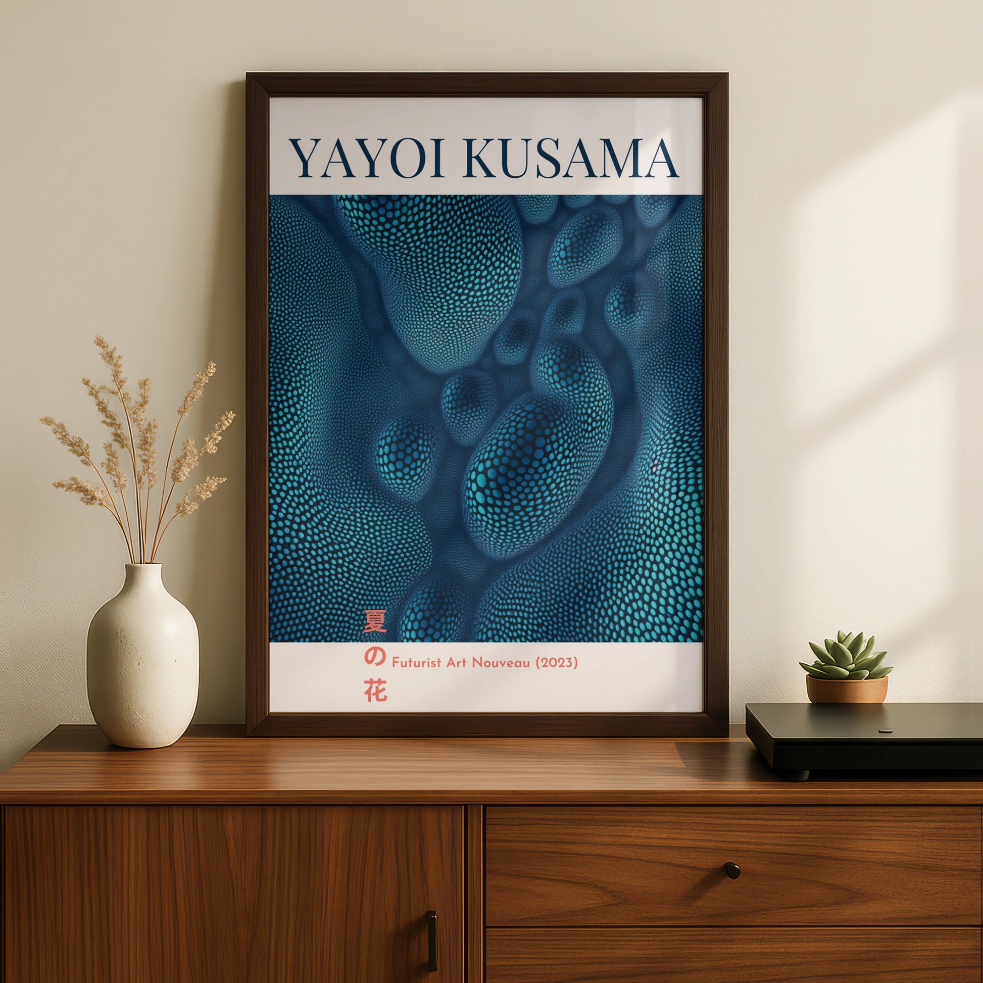 Yayoi Kusama Maximalist Poster, Blue Dot Wall Art, Japanese Futurist Art Nouveau Print