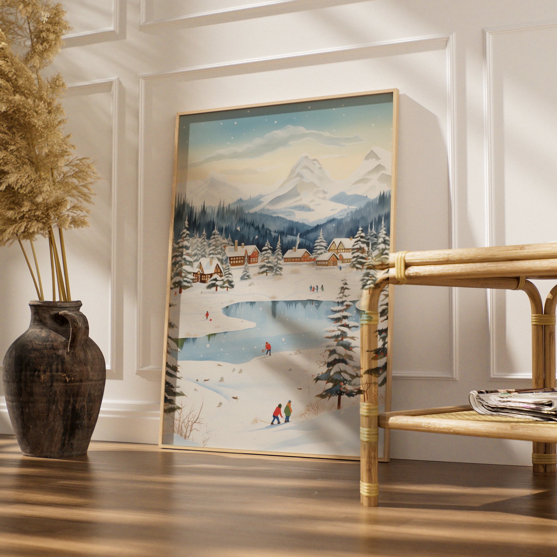 Christmas Winter Village Poster, Snowy Mountain Scene, Festive Wall Art, Holiday Home Decor Print