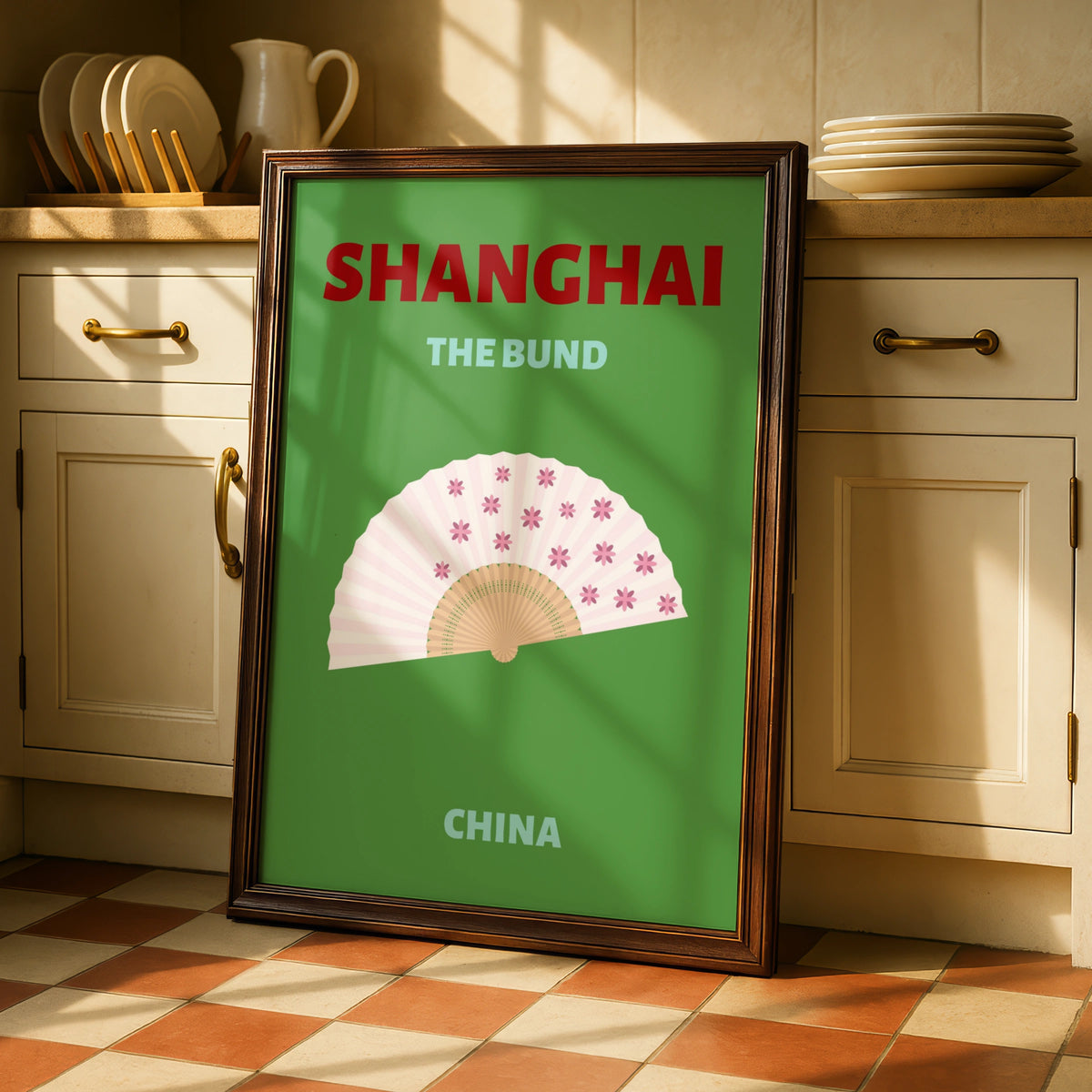 Shanghai The Bund Travel Poster, China Wall Art, Retro Chinese Fan Print