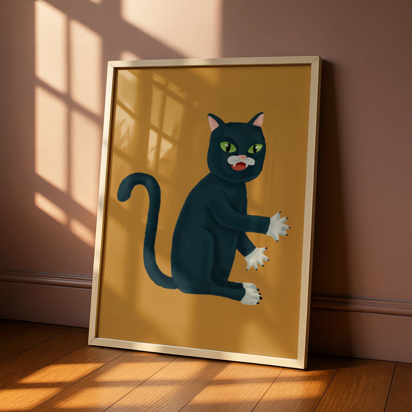 Halloween Black Cat Poster, Spooky Cat Wall Art, Witchy Cat Print, Mustard Orange Decor