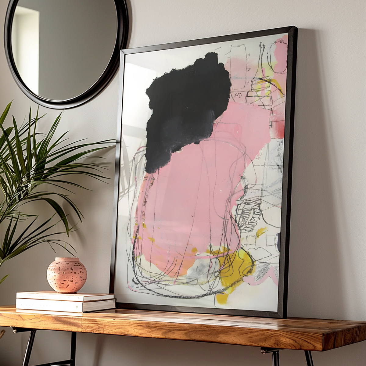 Pink Black Abstract Wall Art, Modern Expressive Poster, Contemporary Gallery Print