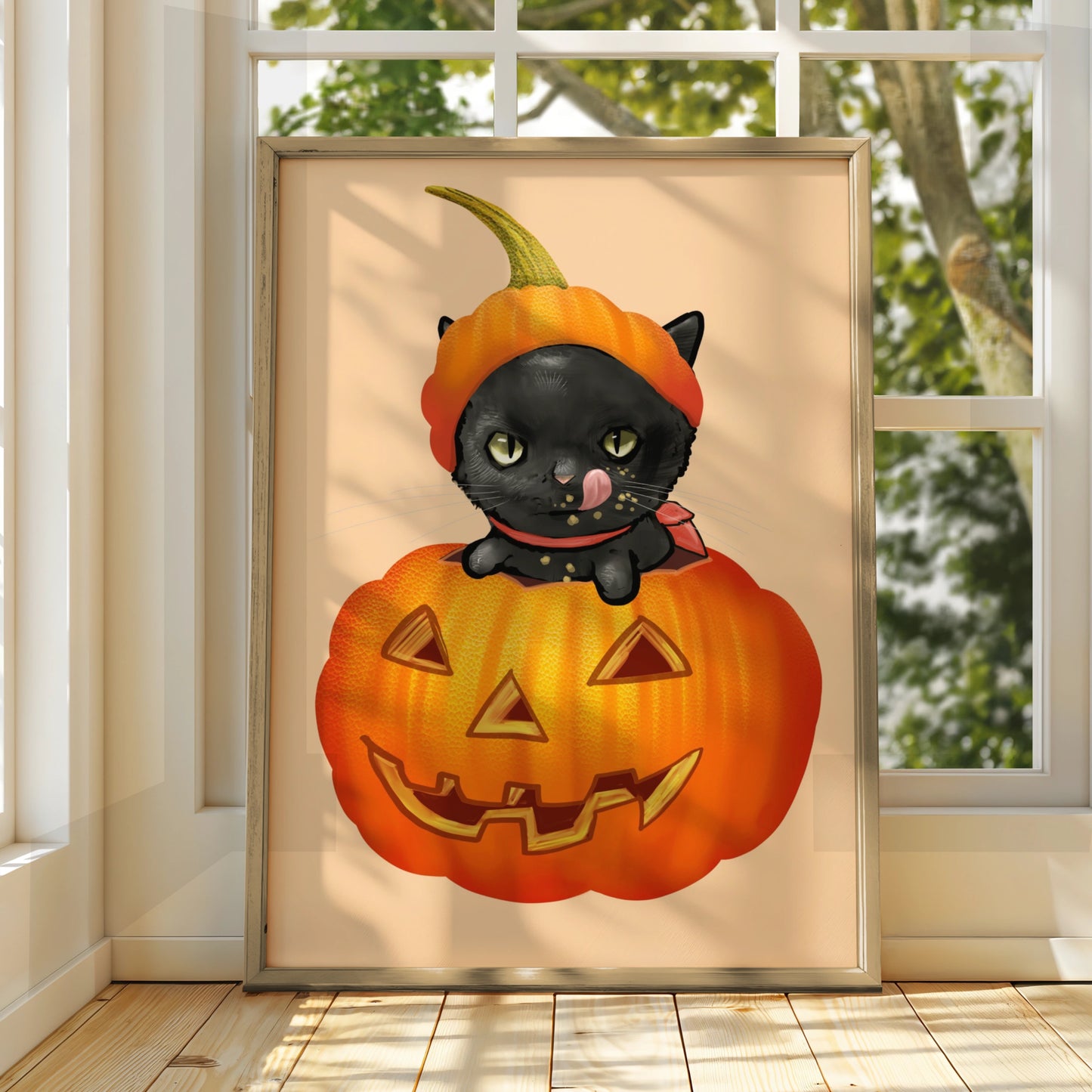 Halloween Black Cat Pumpkin Poster, Jack-o-Lantern Wall Art, Cute Spooky Cat Print