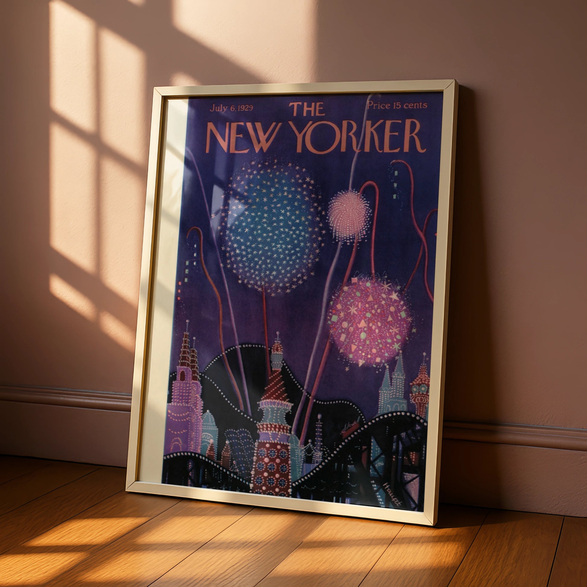 The New Yorker July 1929 Fireworks Cover Poster, Vintage Art Deco Night Sky Print