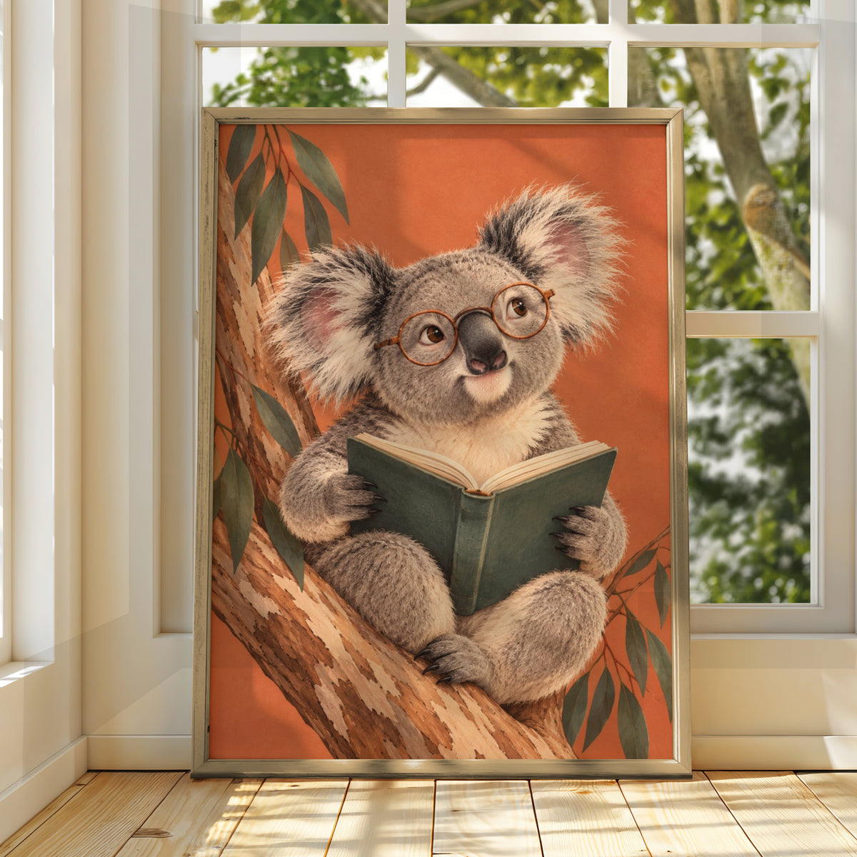 Koala Reading Book Print, Australian Wildlife Wall Art, Cute Animal Poster, Kids Room Decor