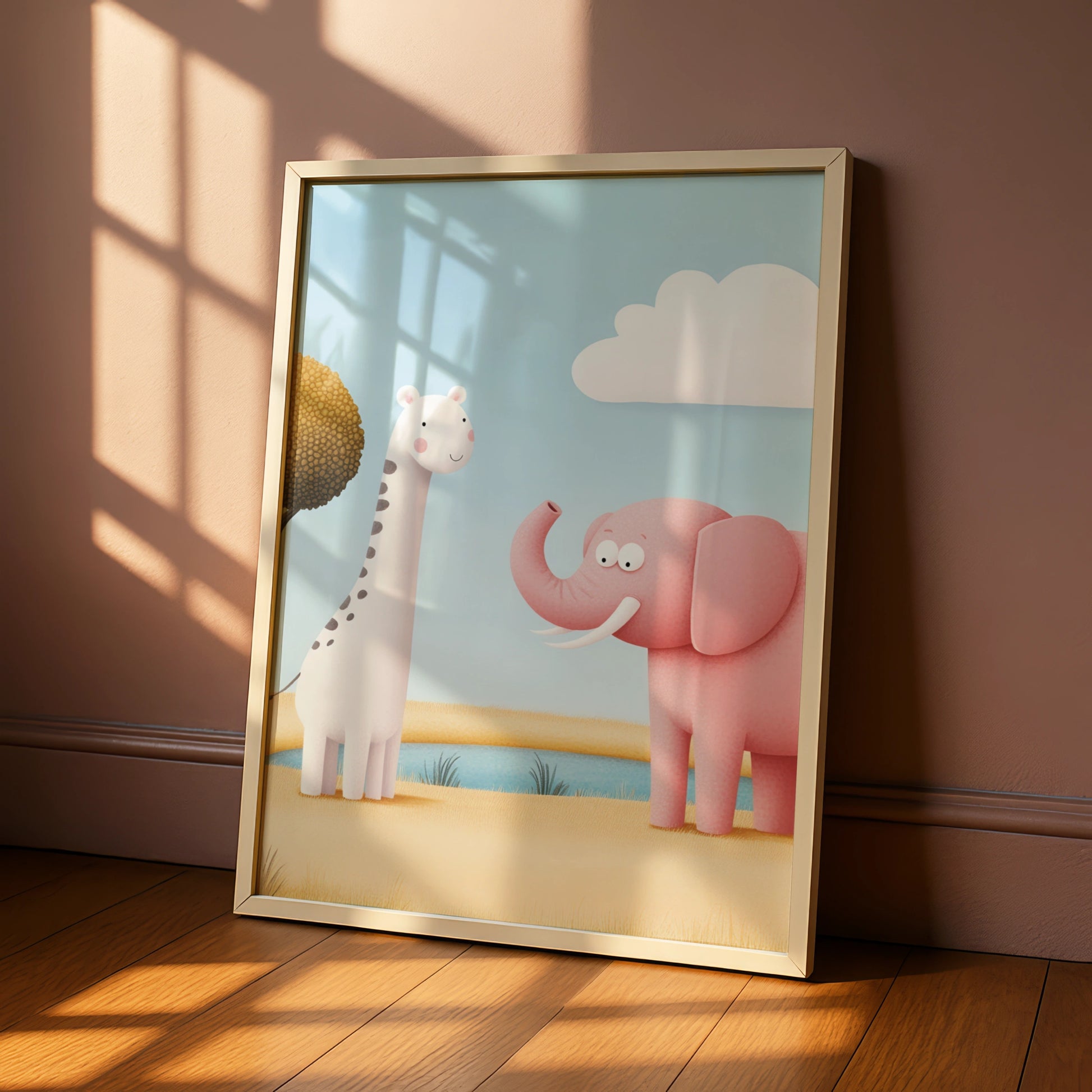 Giraffe Elephant Nursery Wall Art, Cute Safari Animal Print, Baby Room Poster