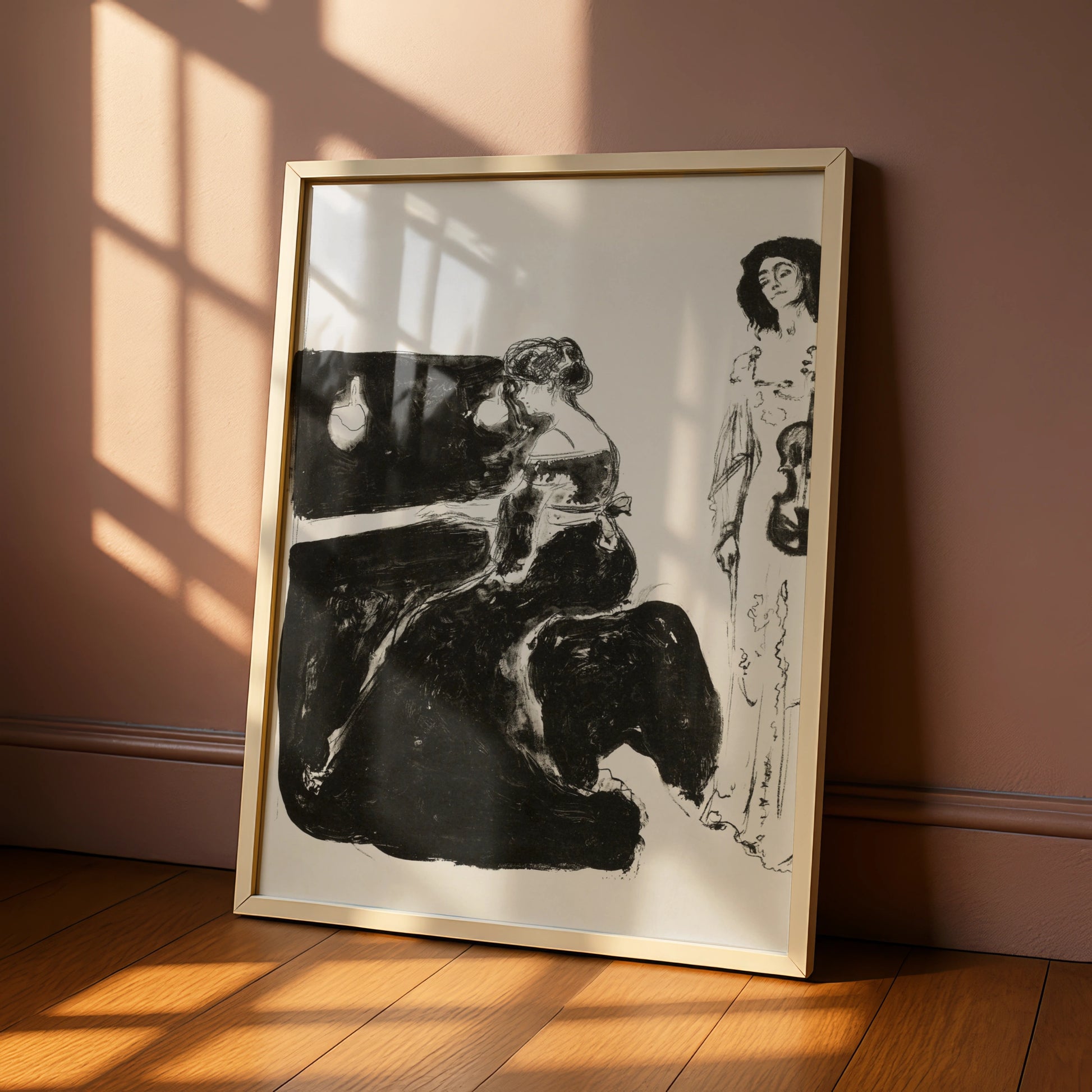 Halloween Gothic Women Music Art Print, Dark Piano Violin Wall Poster, Spooky Black White Decor