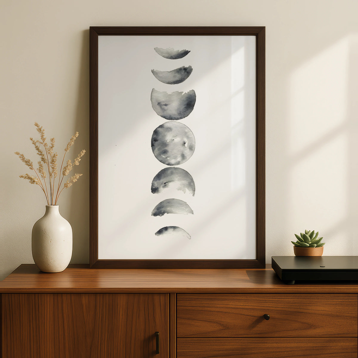Moon Phases Watercolour Print, Monochrome Wall Art, Minimalist Lunar Poster, Modern Grey Decor