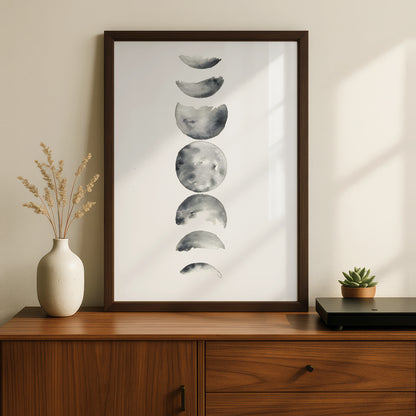 Moon Phases Watercolour Print, Monochrome Wall Art, Minimalist Lunar Poster, Modern Grey Decor