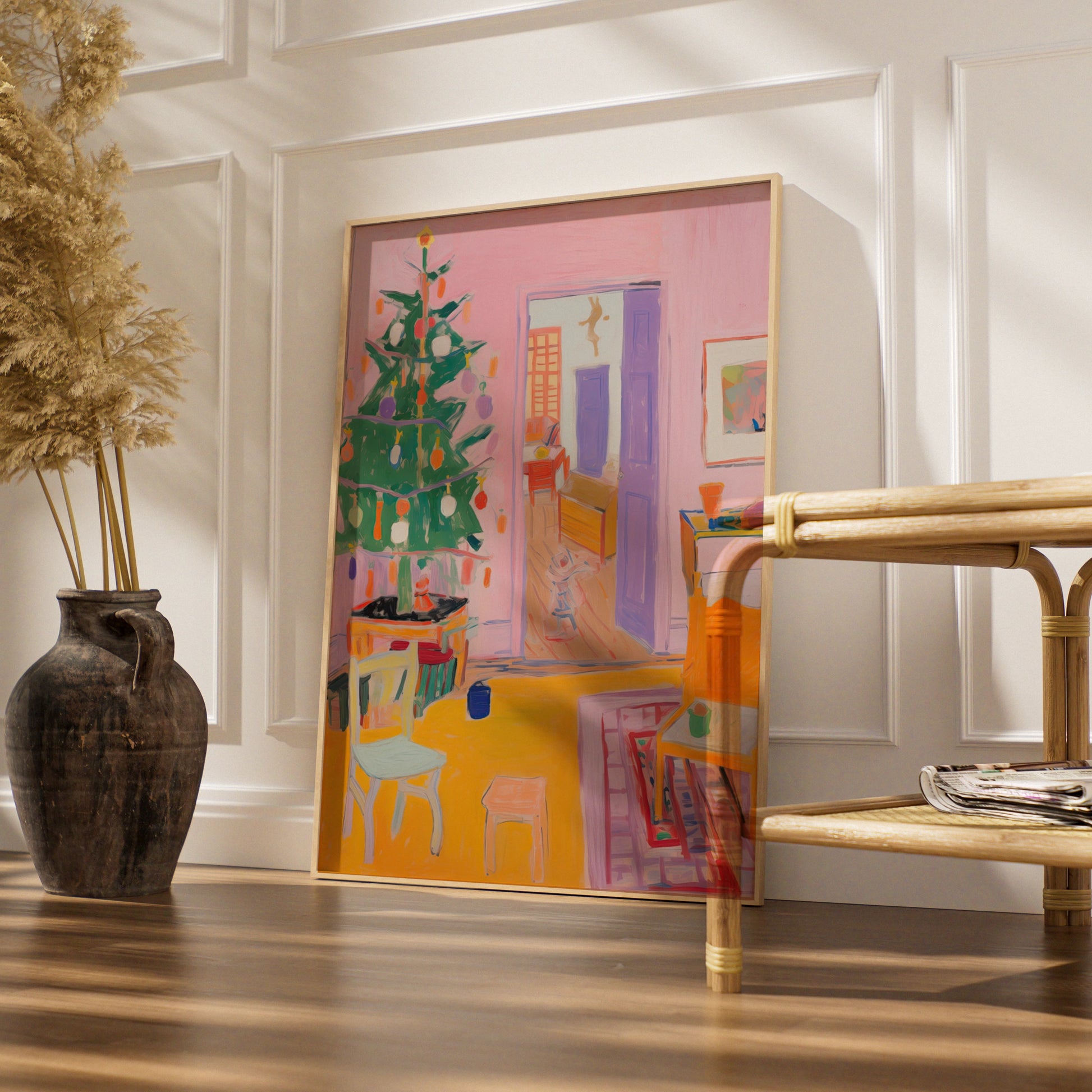 Christmas Room Poster, Colourful Xmas Tree Print, Festive Interior Wall Art, Pink Holiday Decor