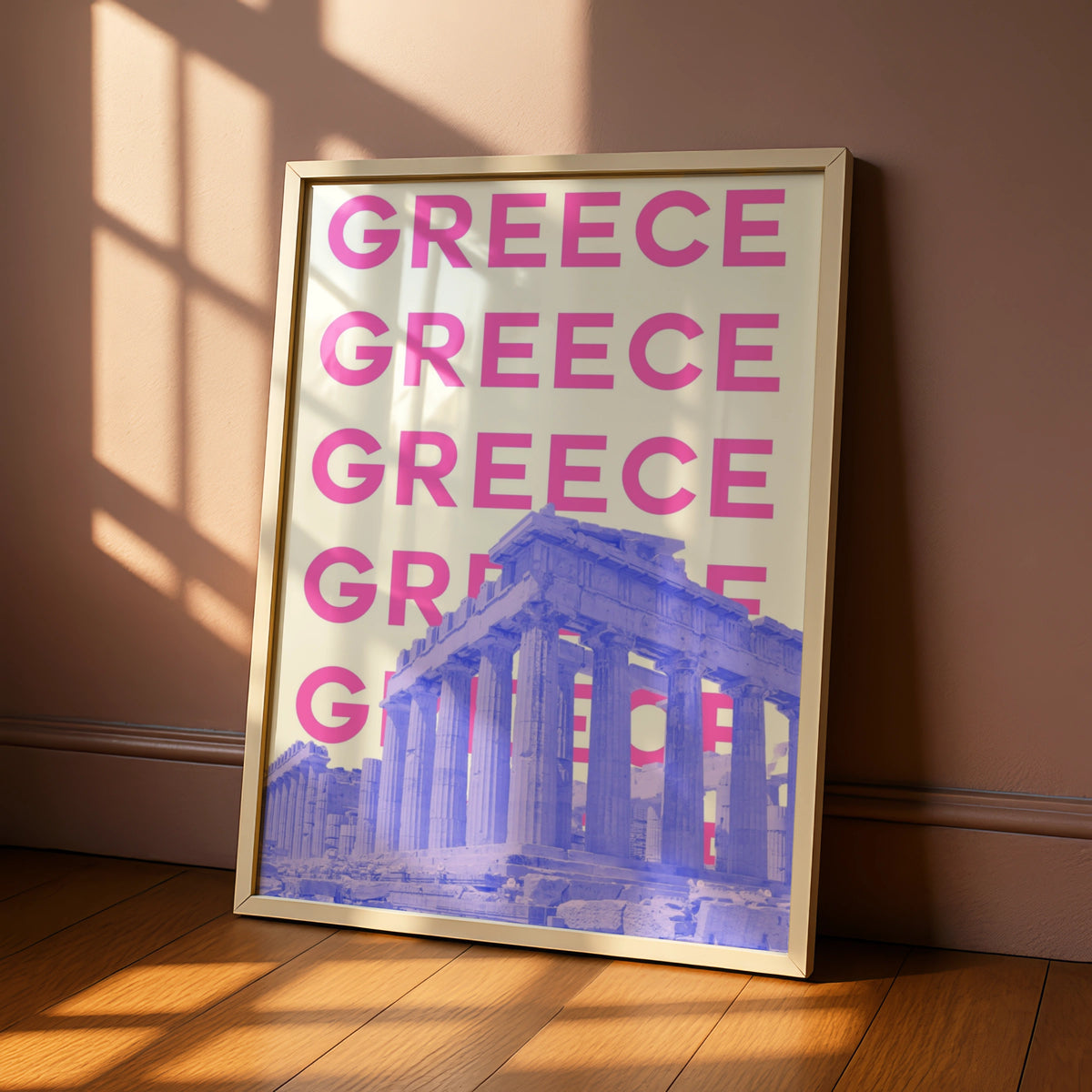 Greece Travel Poster, Athens Parthenon Wall Art, Retro Greece Print, Bold Pink Modern Decor