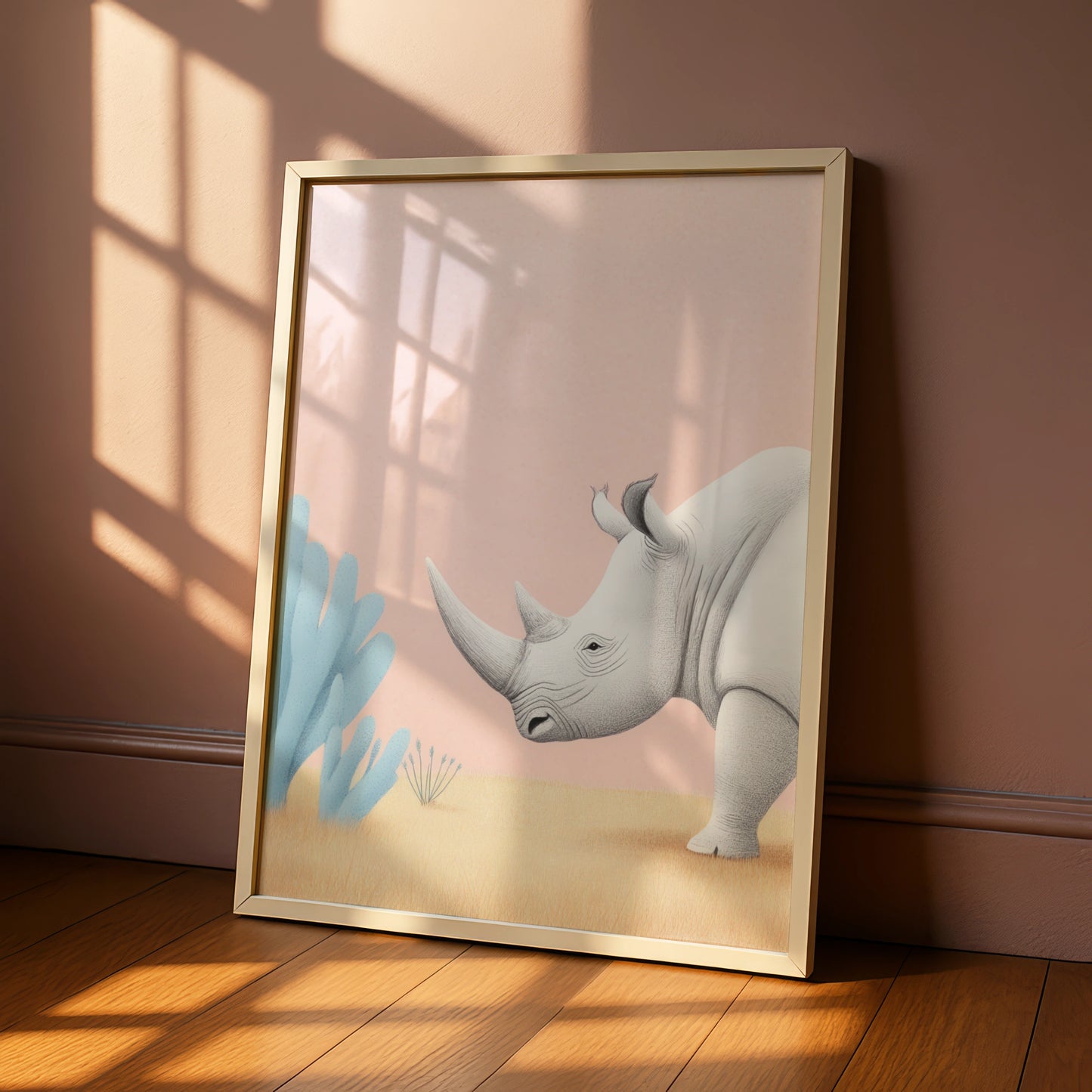 Rhino Nursery Wall Art, Safari Animal Print, Pastel Pink Kids Room Poster, Baby Decor