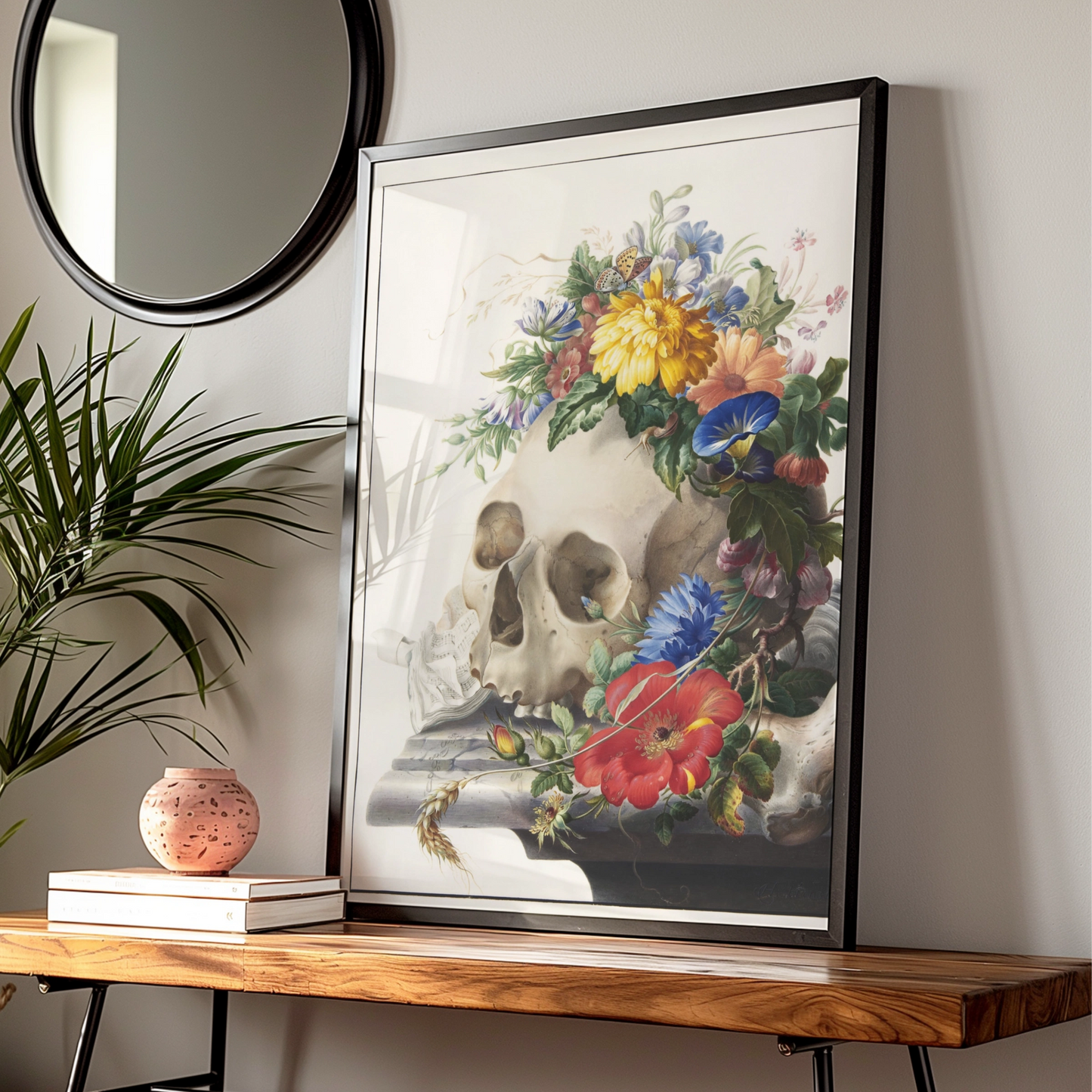 Halloween Skull Floral Poster, Vanitas Wall Art, Gothic Botanical Print, Dark Academia Decor