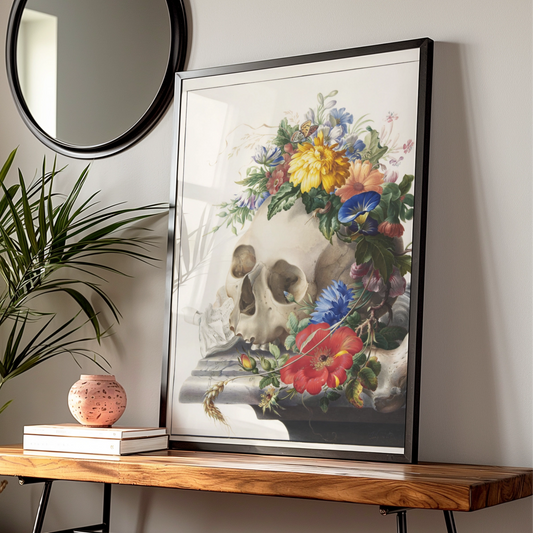 Halloween Skull Floral Poster, Vanitas Wall Art, Gothic Botanical Print, Dark Academia Decor
