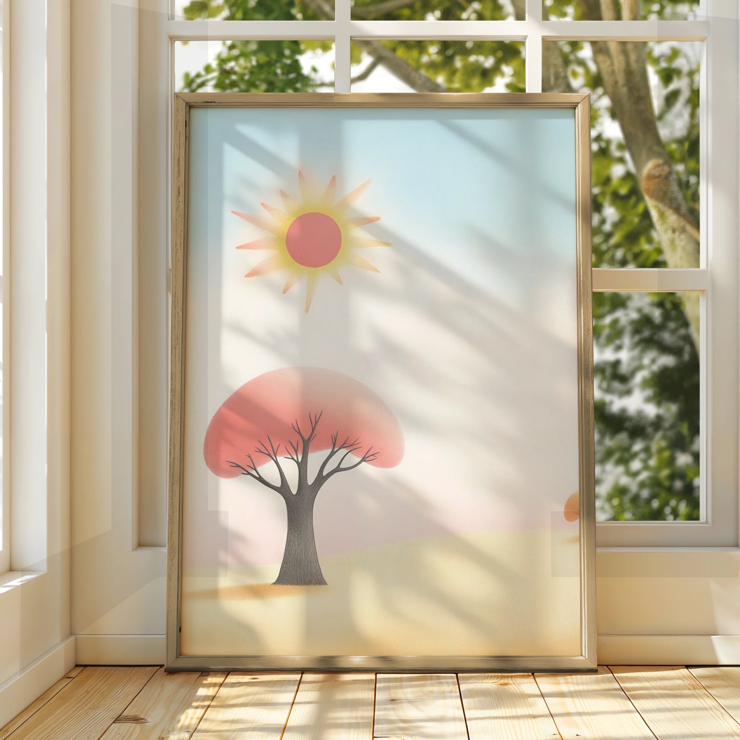 Nursery Wall Art Sun and Tree Print, Pastel Kids Room Poster, Soft Boho Baby Decor