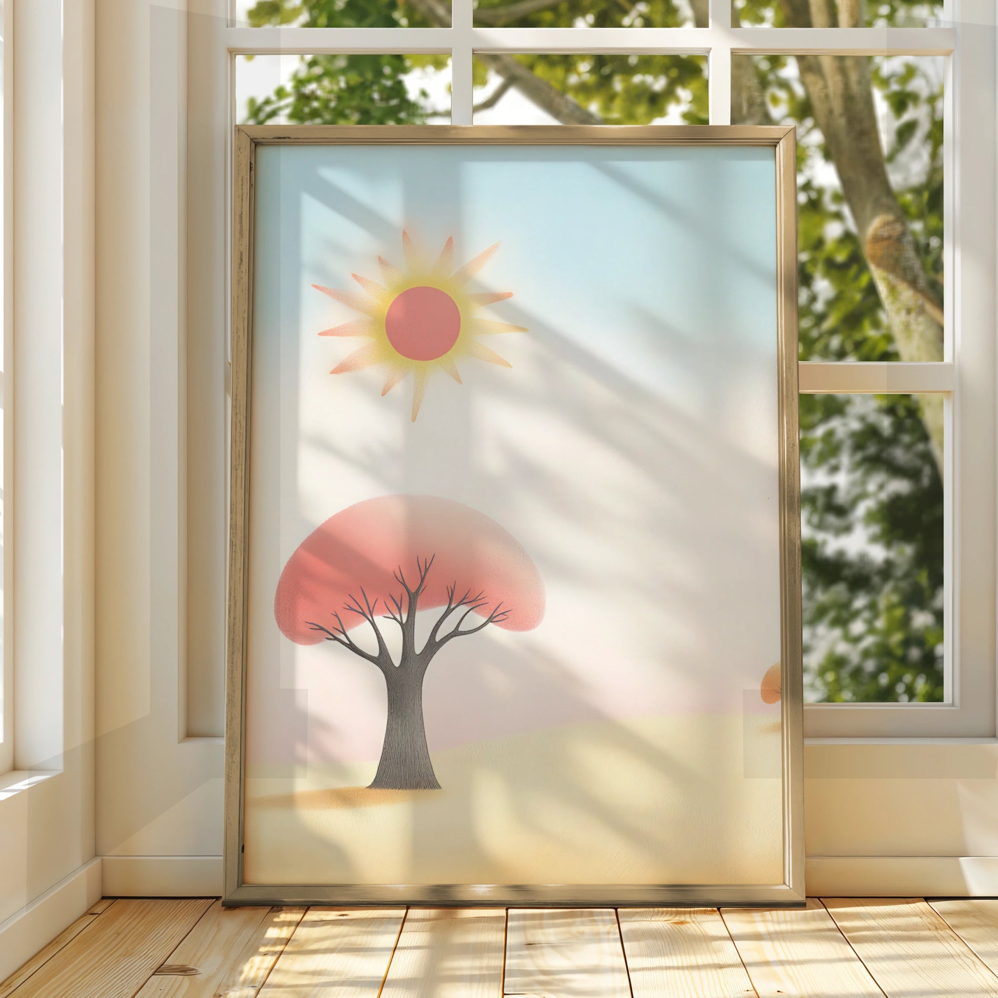 Nursery Wall Art Sun and Tree Print, Pastel Kids Room Poster, Soft Boho Baby Decor