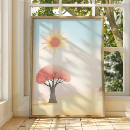 Nursery Wall Art Sun and Tree Print, Pastel Kids Room Poster, Soft Boho Baby Decor