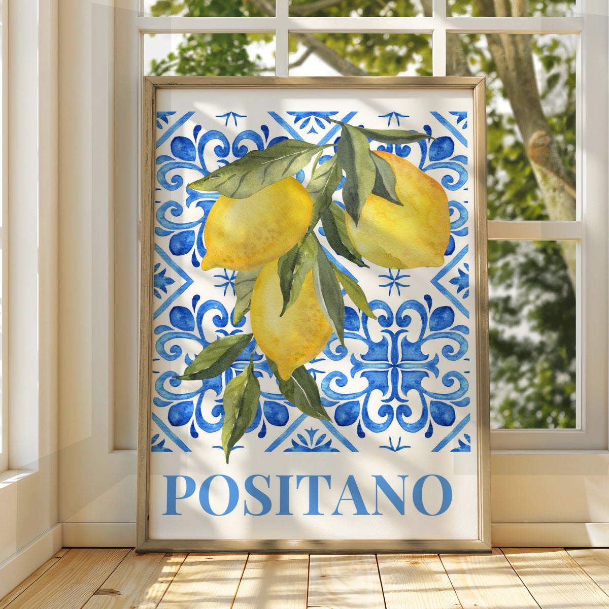 Positano Lemon Maximalist Poster, Italian Amalfi Coast Wall Art, Blue Tile Print
