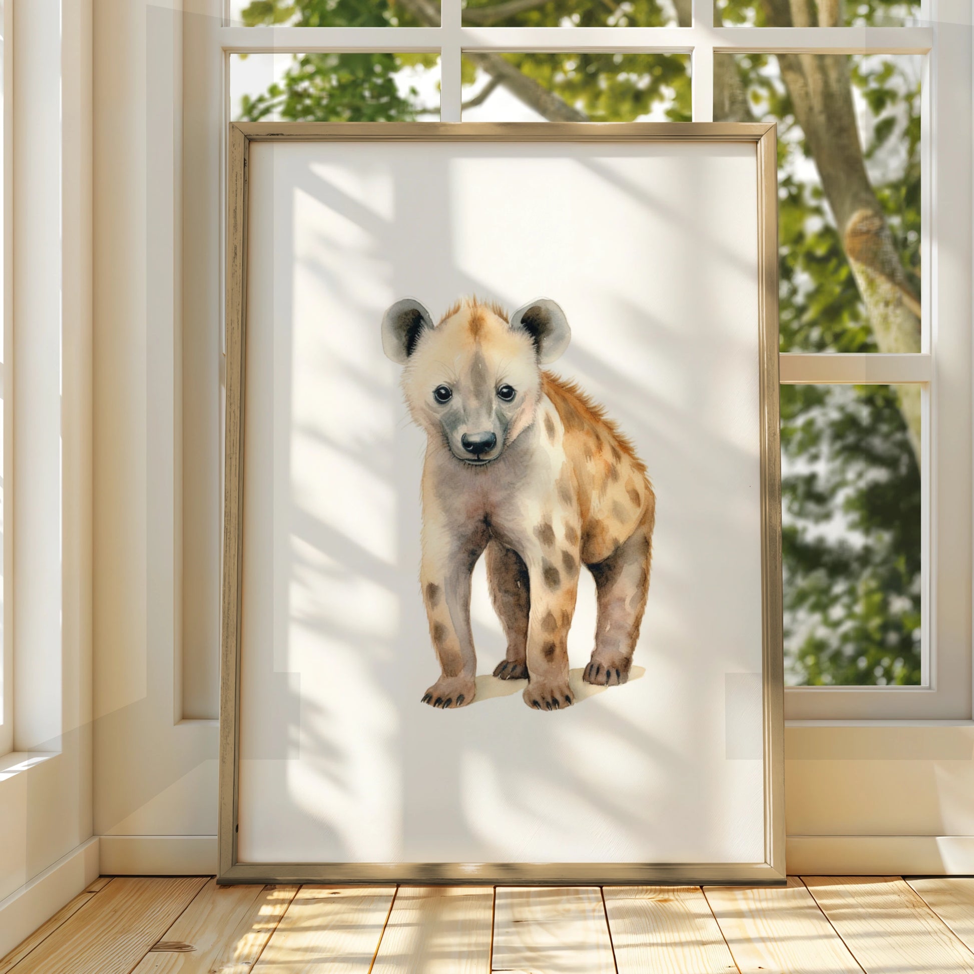 Baby Hyena Nursery Wall Art, Watercolour Safari Animal Print, Kids Room Poster