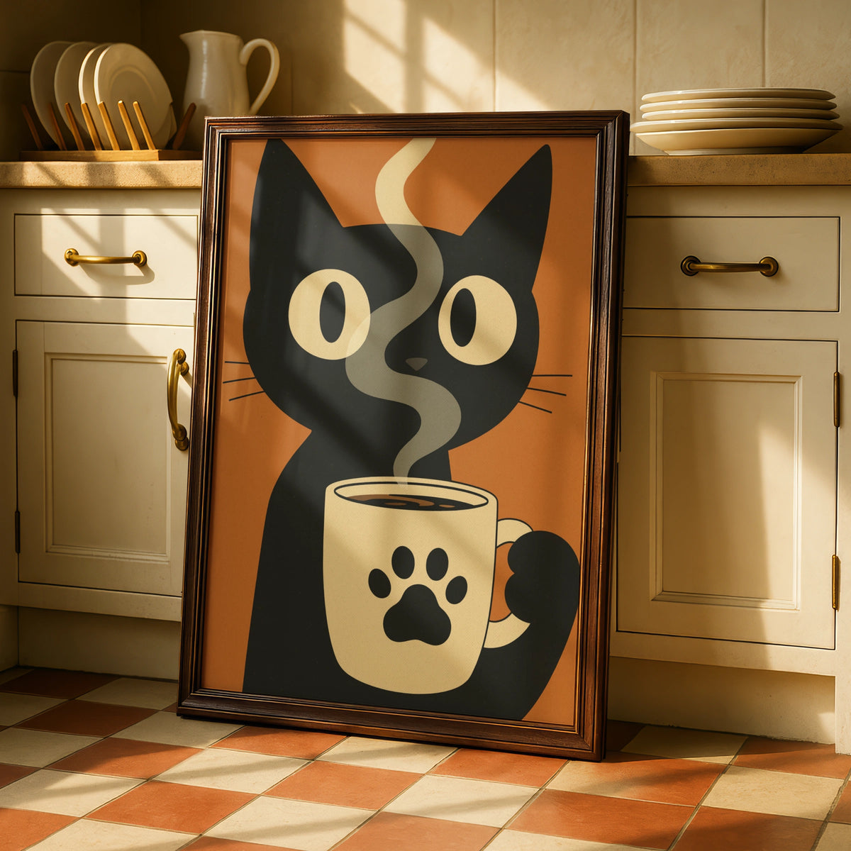 Black Cat Coffee Cartoon Poster, Funny Cat Wall Art, Retro Quirky Print, Kitchen Decor