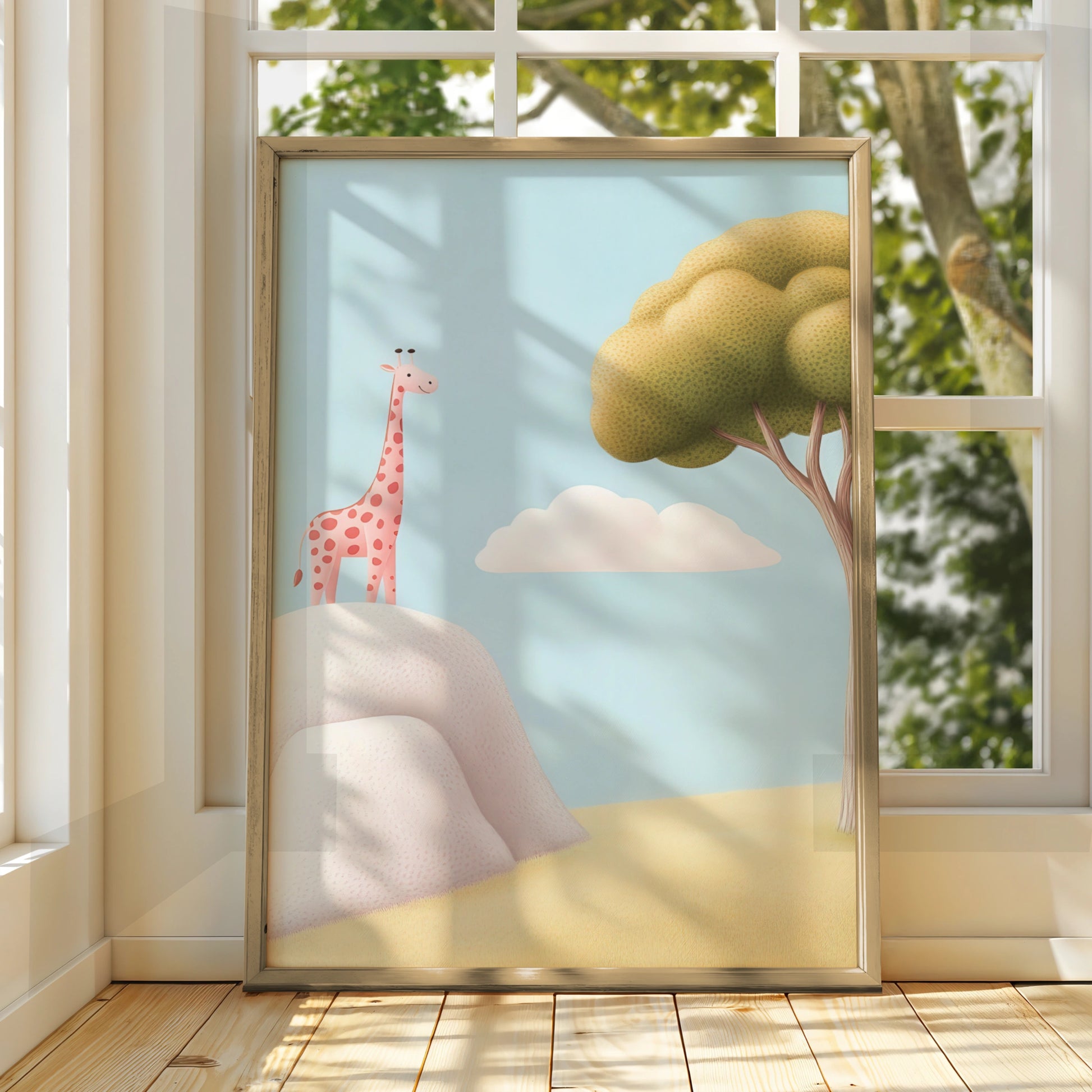 Giraffe Nursery Wall Art, Cute Safari Print, Baby Girl Pink Animal Poster, Kids Room Decor