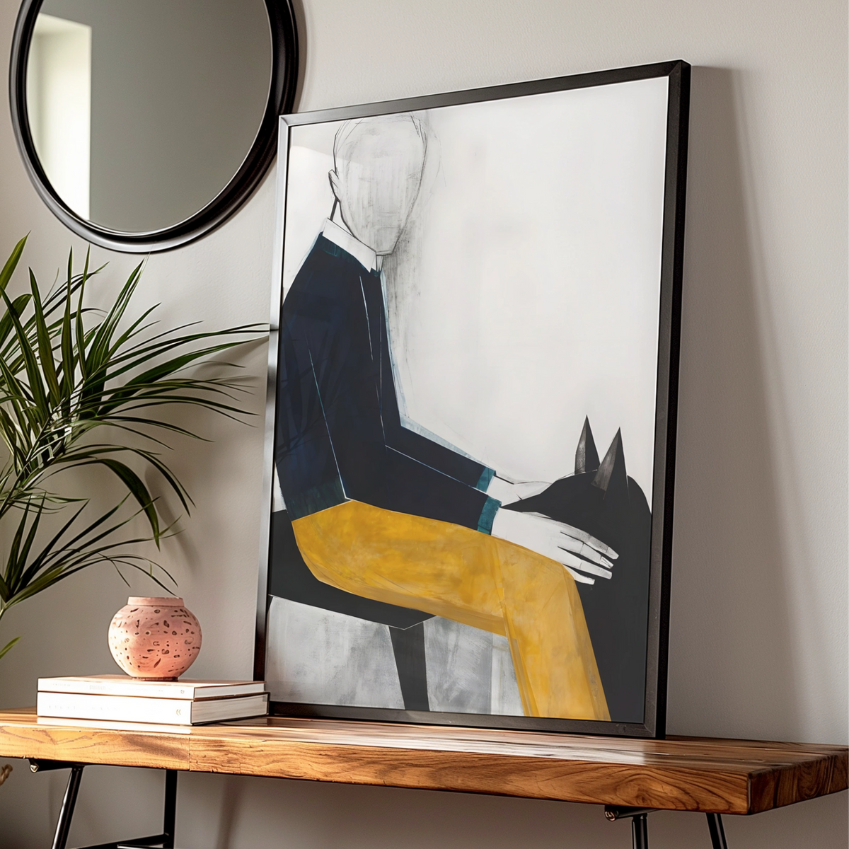 Faceless Figure with Dog, Modern Figurative Art Print, Contemporary Poster — Digital Download