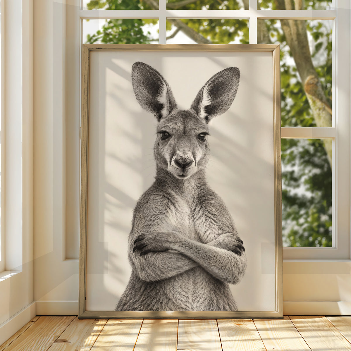 Kangaroo Portrait Print, Arms Crossed Australian Wall Art, Black White Animal Poster