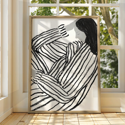 Striped Figure Woman Monochrome Wall Art, Black and White Poster, Minimalist Print
