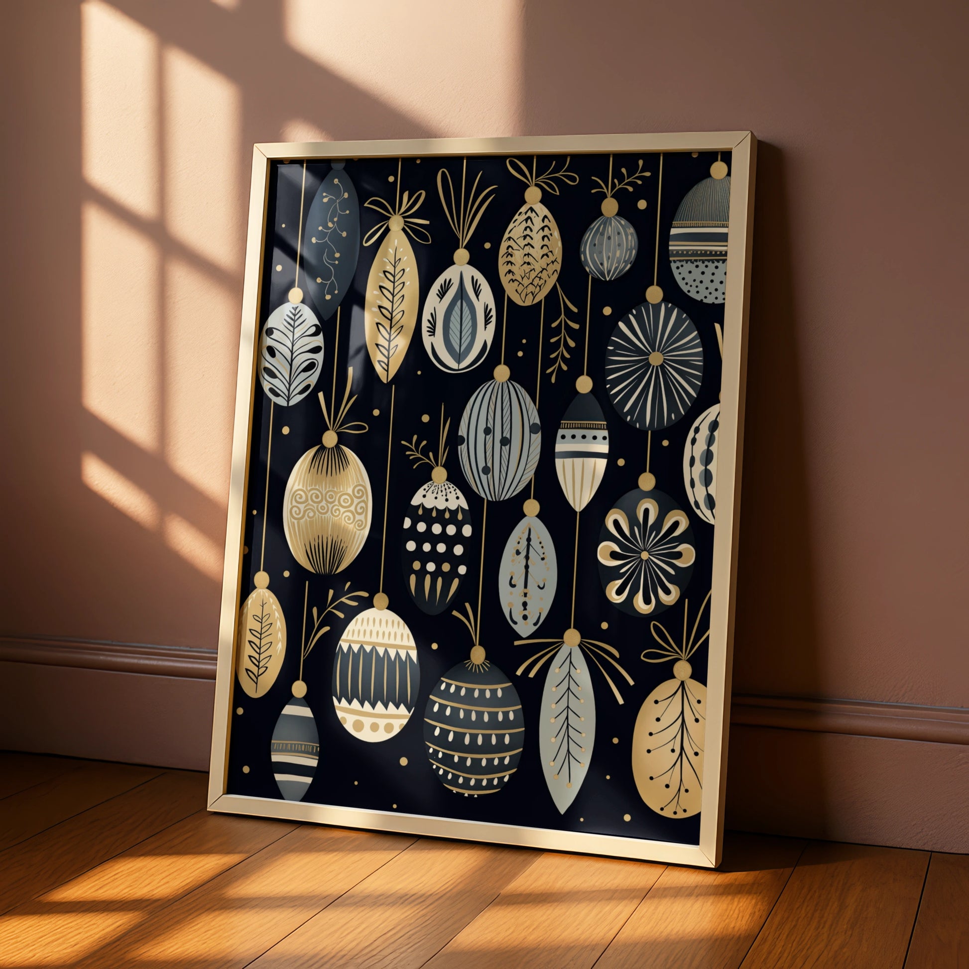 Christmas Baubles Poster, Black Gold Festive Wall Art, Ornament Print, Scandi Xmas Decor