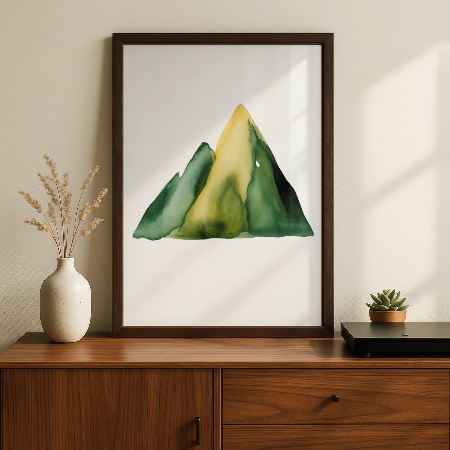 Watercolour Mountain Nursery Wall Art, Green Yellow Nature Print, Kids Room Poster