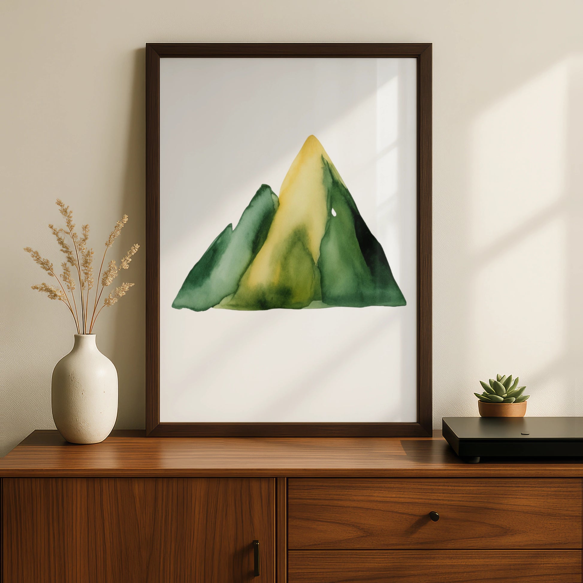Watercolour Mountain Nursery Wall Art, Green Yellow Nature Print, Kids Room Poster
