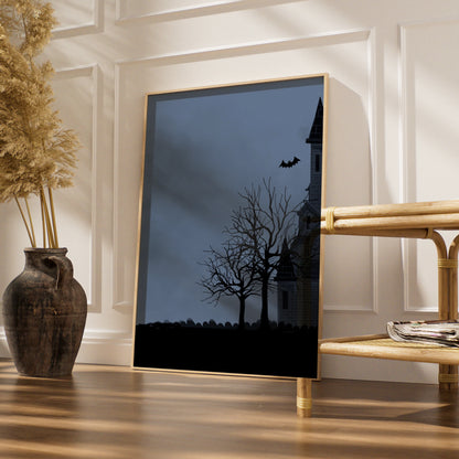 Halloween Haunted House Poster, Spooky Full Moon Bat Wall Art, Dark Gothic Print